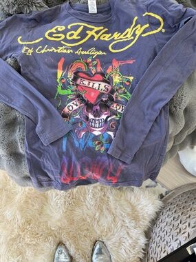 Ed Hardy Purple/Blue Long-Sleeve Graphic Tee with Multicolor Skull Art Unisex.